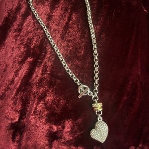 Silver and Gold Tone Necklace With Faux Rhinestone Heart. Pre-owned. Barely worn